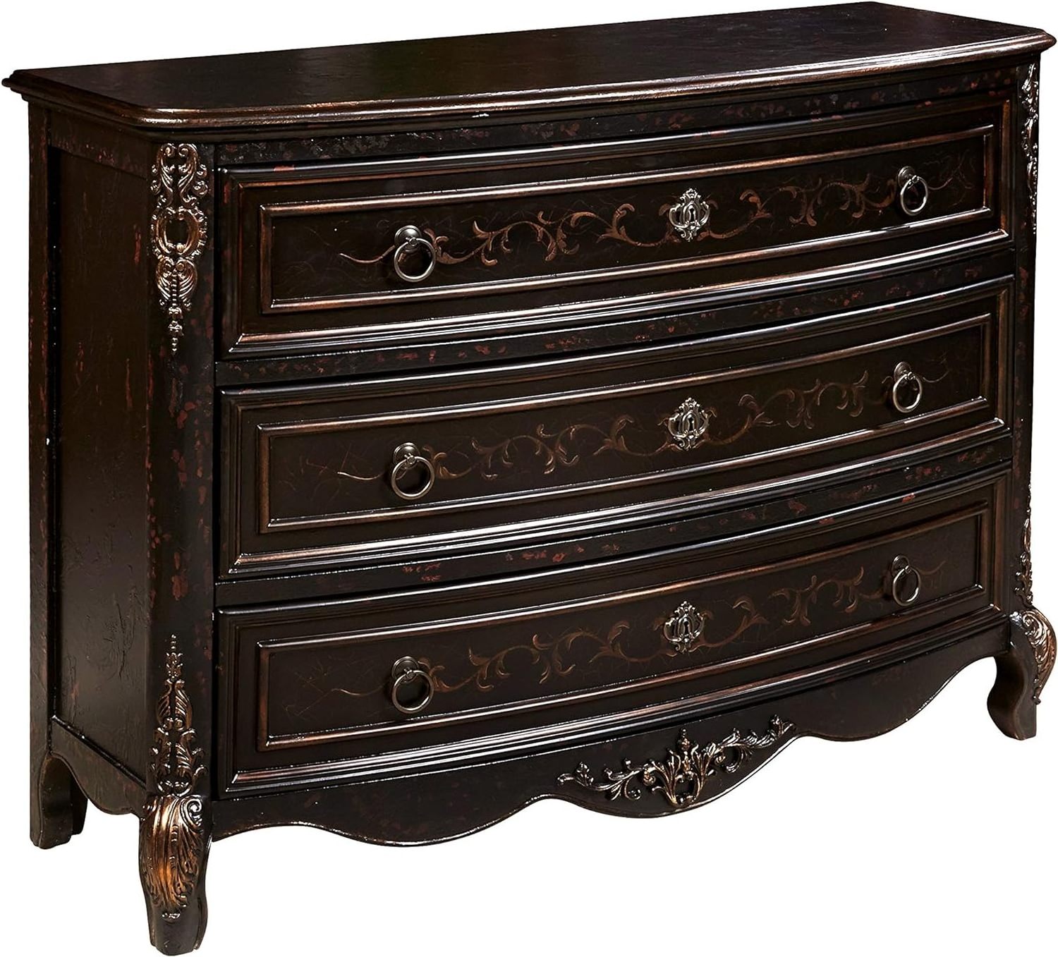 Rihanna classic dresser made of solid mahogany with wood carvings and hand painting in a brown finish.