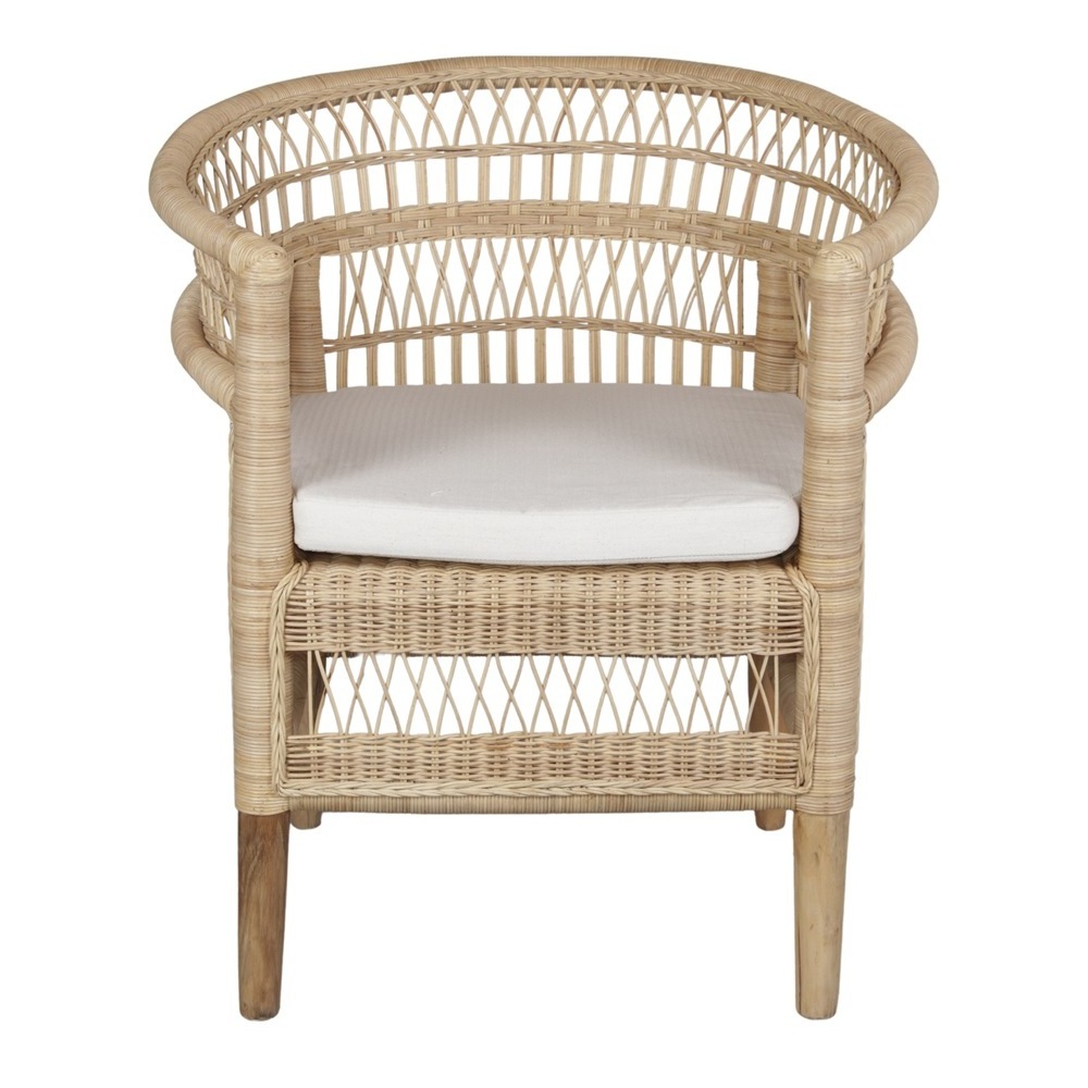 Ariana lounge chair made from teak wood frame and woven rattan with soft cushions and natural finish for indoor and outdoor.