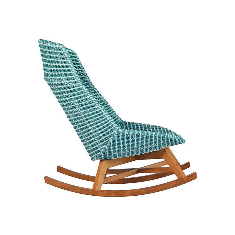 Diego high back rocking lounge chair made from solid teak wood and synthetic rattan wicker with a natural blue finish.