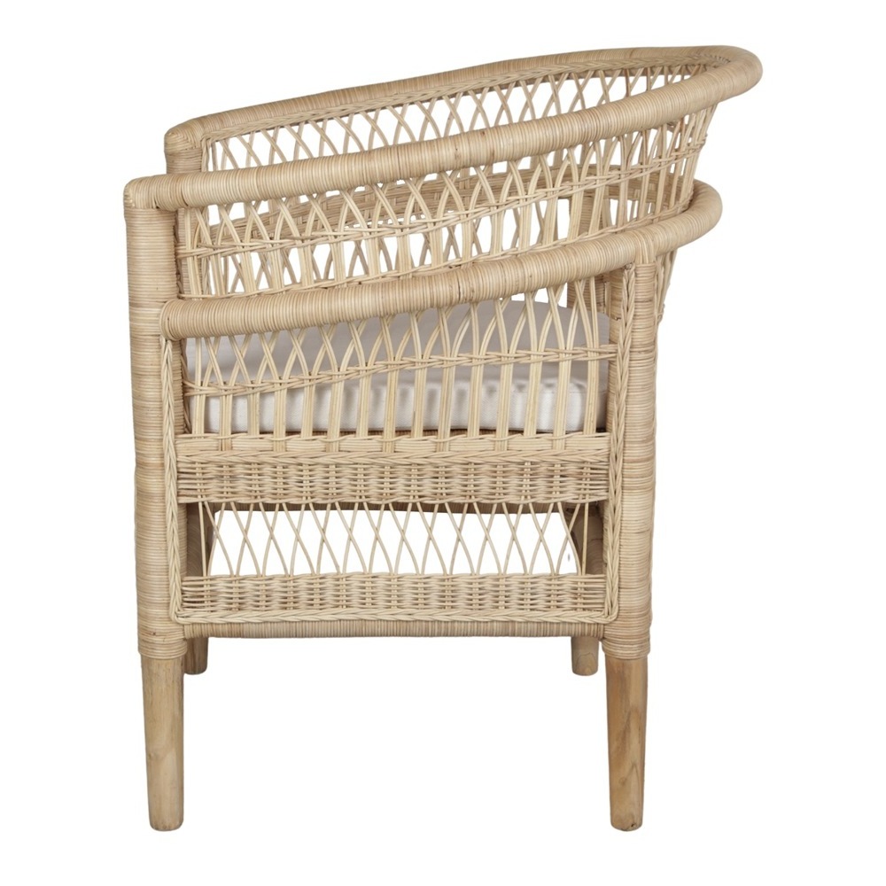 Ariana lounge chair made from teak wood frame and woven rattan with soft cushions and natural finish for indoor and outdoor.