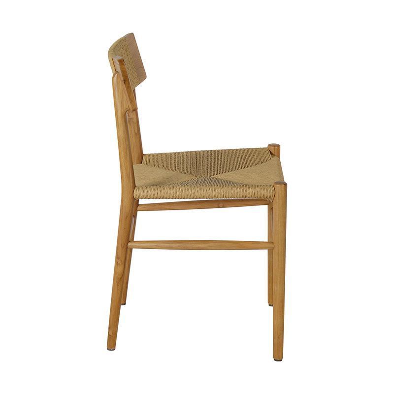 Hiro simple dining chair made of solid teak wood and woven rope with natural oil finish for indoor and outdoor.