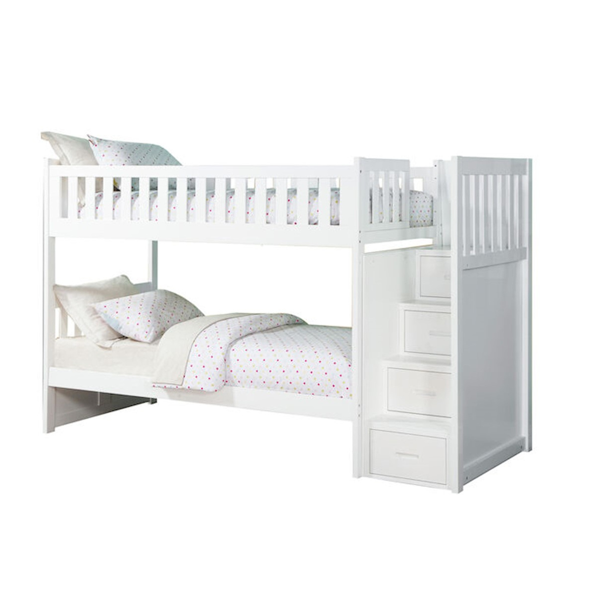 Kayla 2-bed children's bunk bed in solid teak wood with storage drawer ladder and white finish.