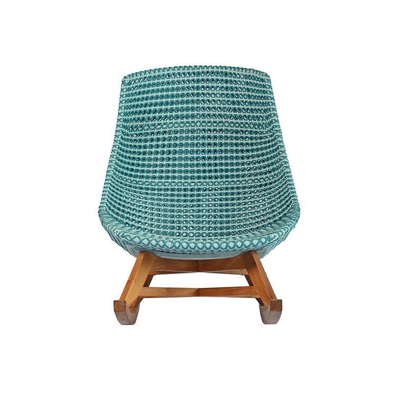 Diego high back rocking lounge chair made from solid teak wood and synthetic rattan wicker with a natural blue finish.