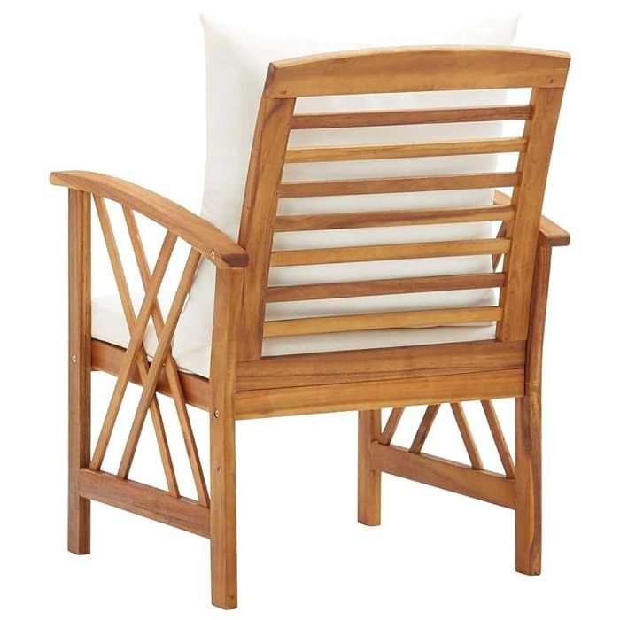 Miranda rustic garden chair made of solid teak wood with waterproof cushioning with a natural finish.