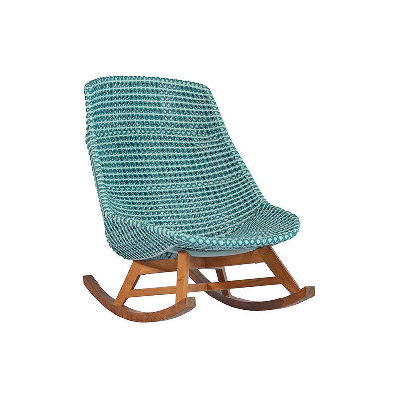 Diego high back rocking lounge chair made from solid teak wood and synthetic rattan wicker with a natural blue finish.