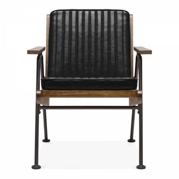 Eduardo solid wood lounge chair with aluminum leg frame and black leather seat.