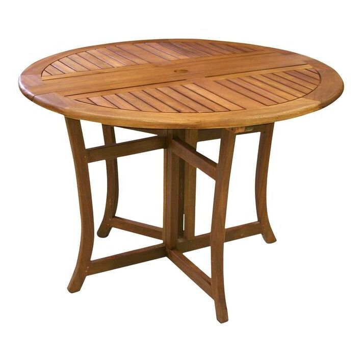 Jake set of round folding dining table and 4 chairs made of solid teak wood with a brown finish.