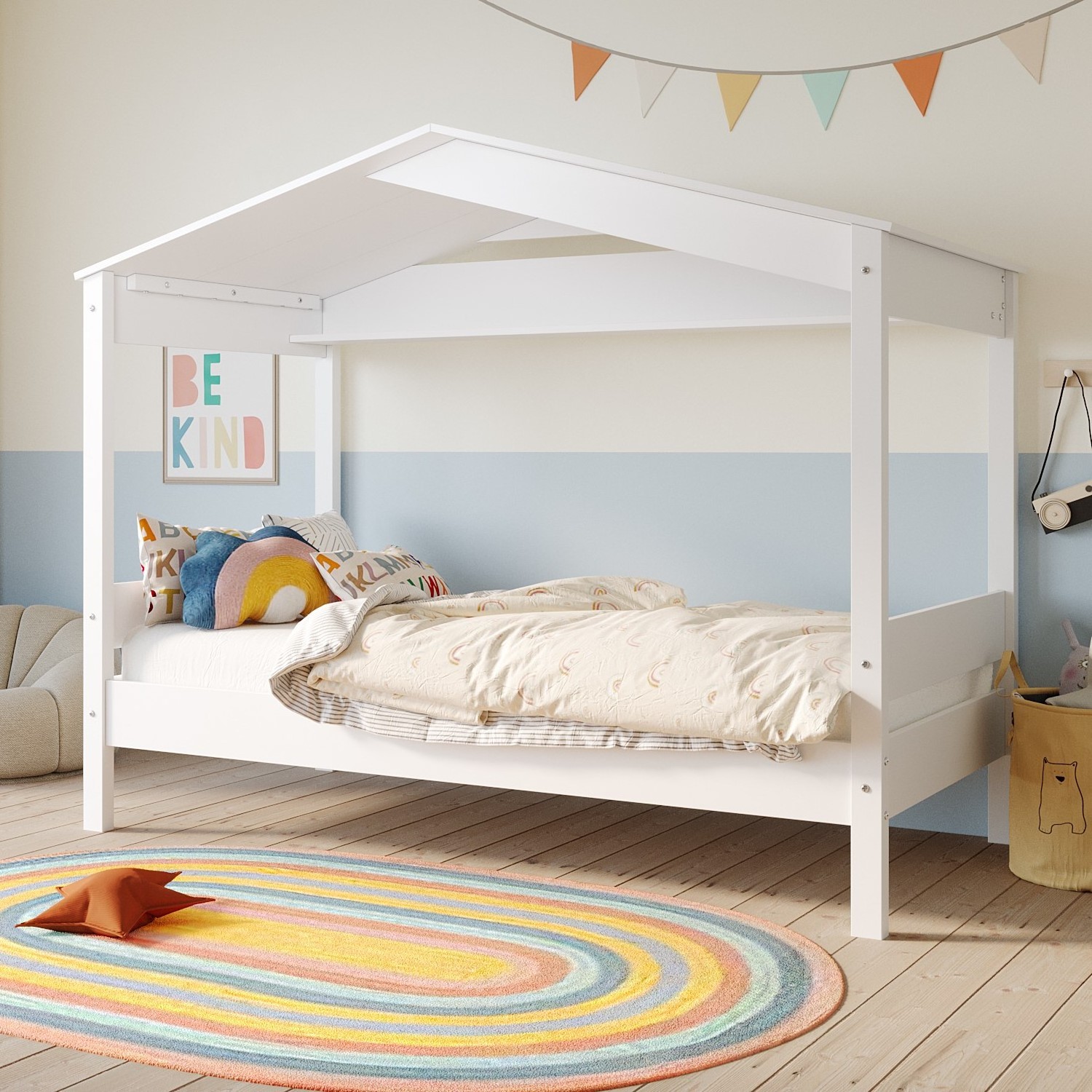 Thumbelina house-shaped children's bed frame made of solid wood with a white finish.