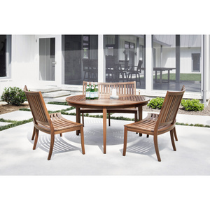 Richard set of curved garden benches in solid teak wood with a round table and walnut finish.