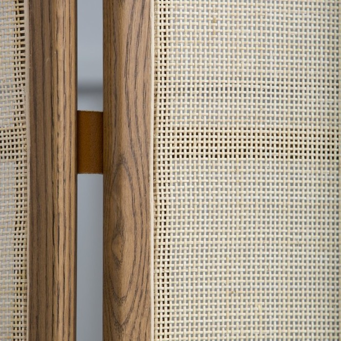 Ahsay modern room divider made from solid teak wood frame and woven rattan with natural results.