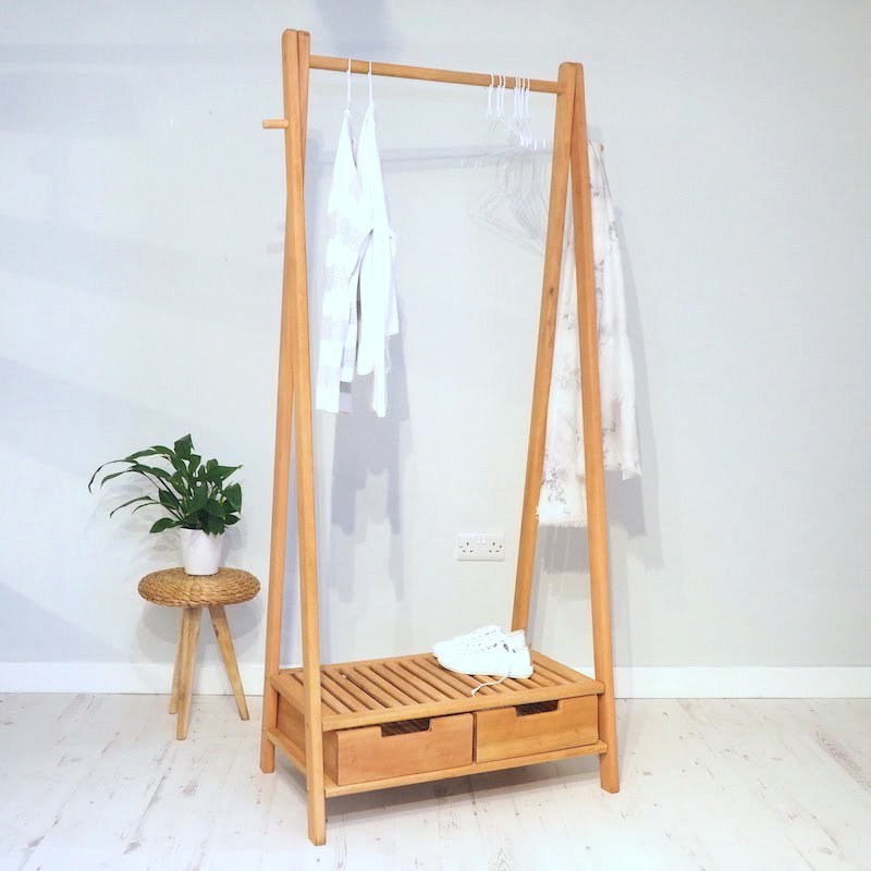 Alcott Hanging clothes rack, removable storage drawer that slides in and out w/ natural finish