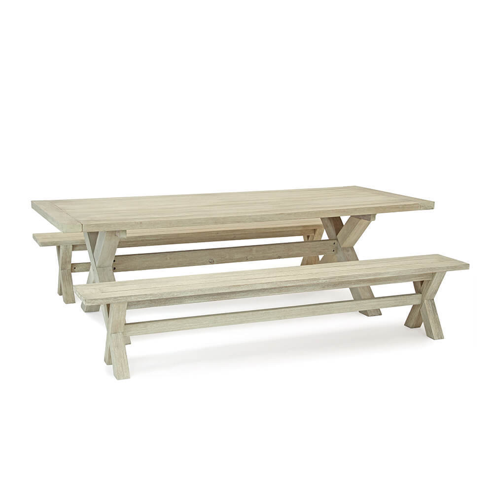 Riyan set of garden picnic benches made of solid teak wood with natural finish.