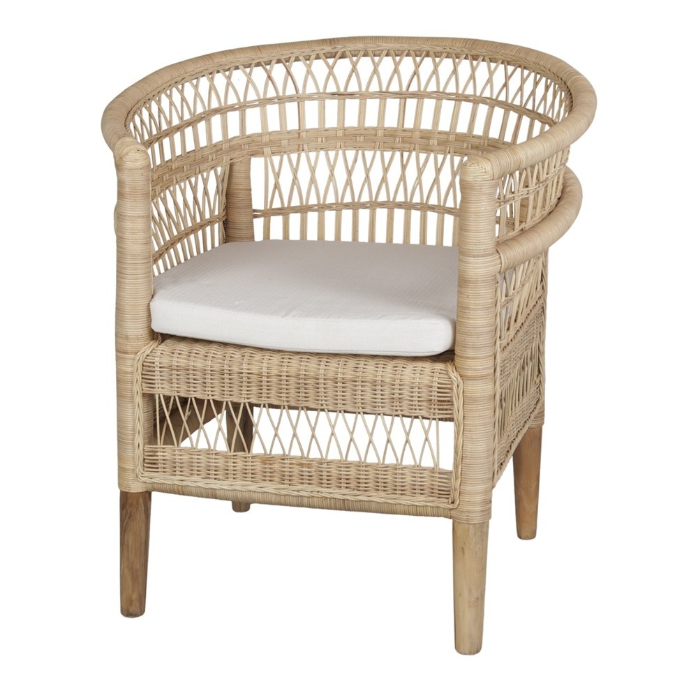 Ariana lounge chair made from teak wood frame and woven rattan with soft cushions and natural finish for indoor and outdoor.