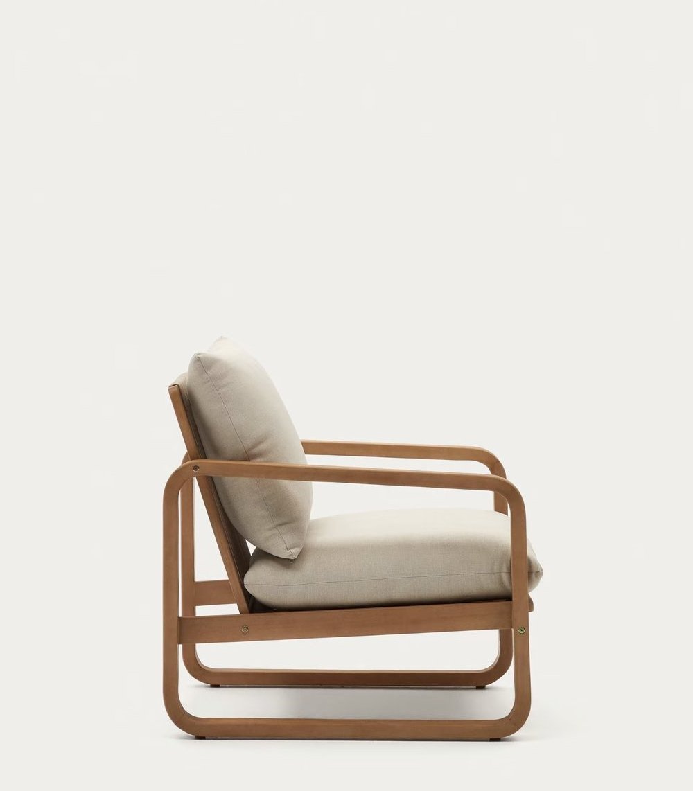 Donatello outdoor armchair made from solid teak wood frame and thick, waterproof cushion with a natural finish.