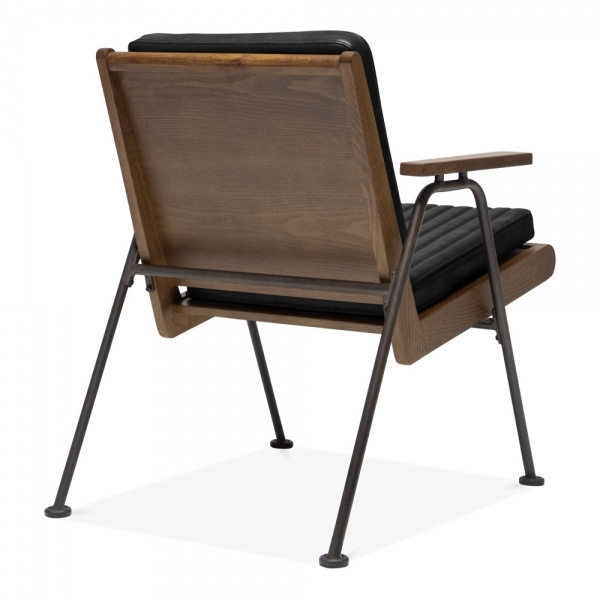 Eduardo solid wood lounge chair with aluminum leg frame and black leather seat.