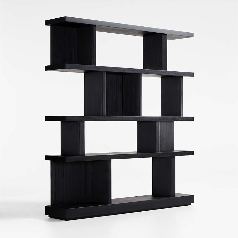 Shakira large bookcase made of solid teak wood with 4 shelves and charcoal black finish.