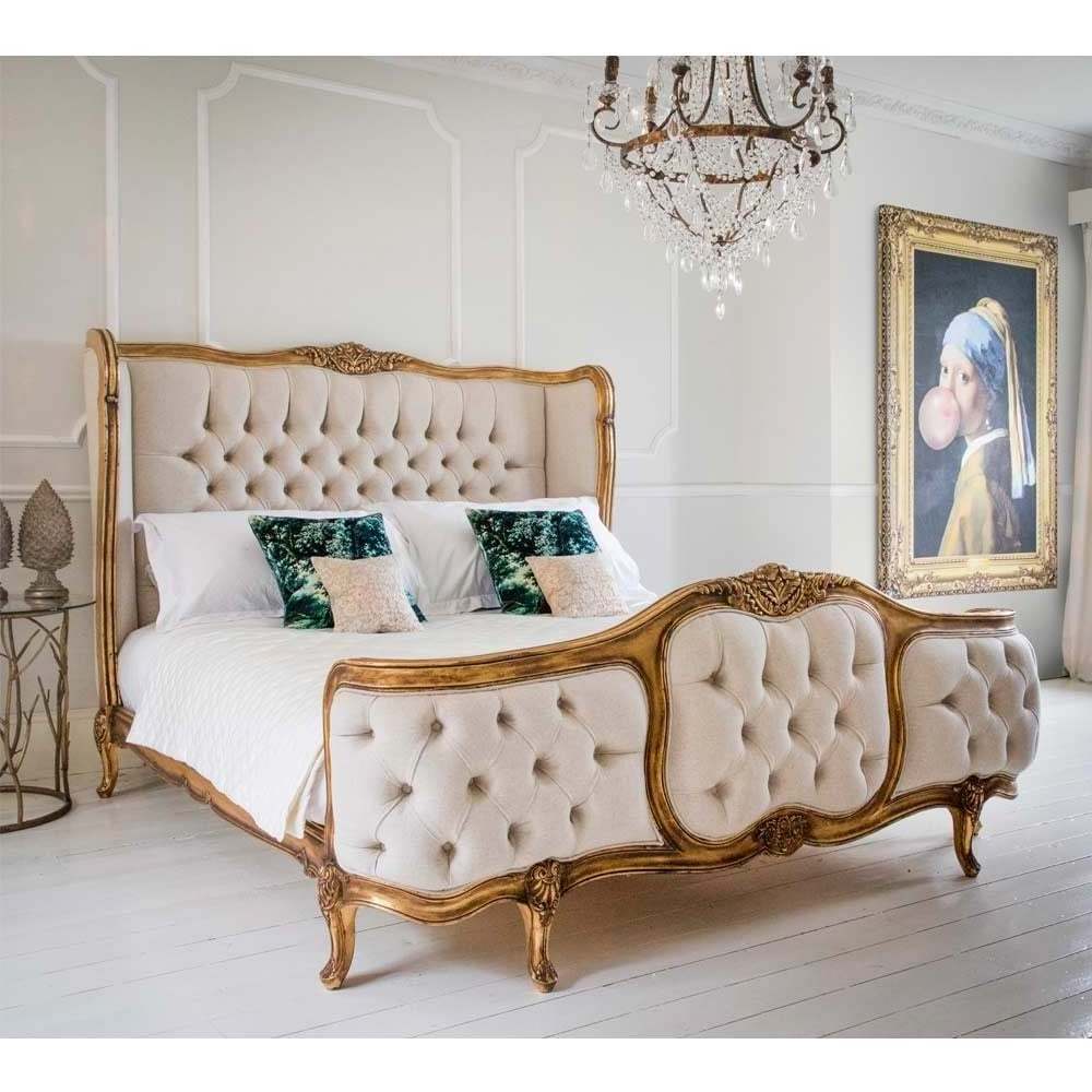 Palais de Versailles Linen Upholstered Bed Handmade and Hand-Carved French Style Bed with Gold Frame and Linen Upholstery