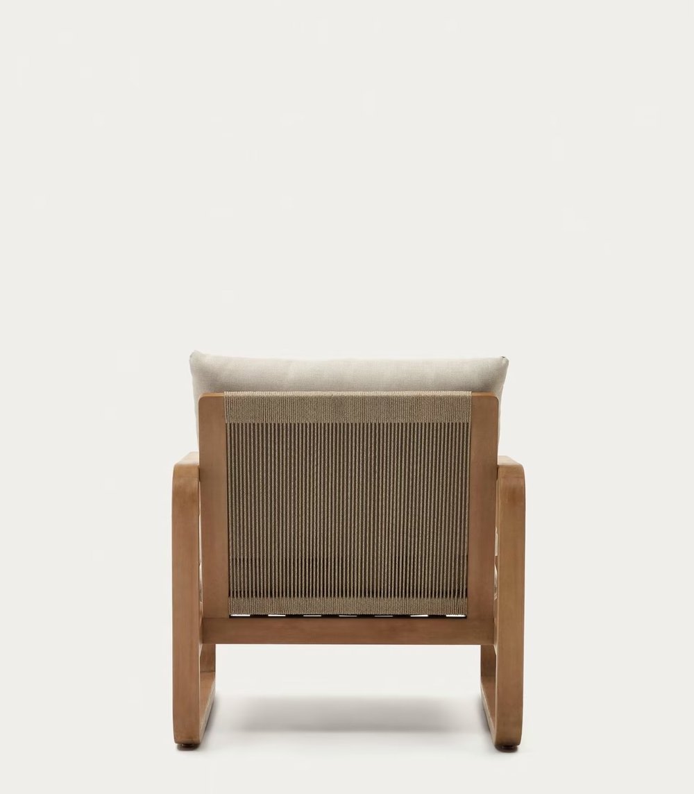 Donatello outdoor armchair made from solid teak wood frame and thick, waterproof cushion with a natural finish.