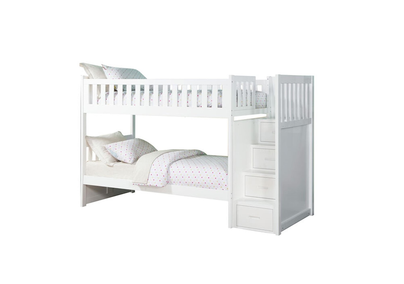 Kayla 2-bed children's bunk bed in solid teak wood with storage drawer ladder and white finish.