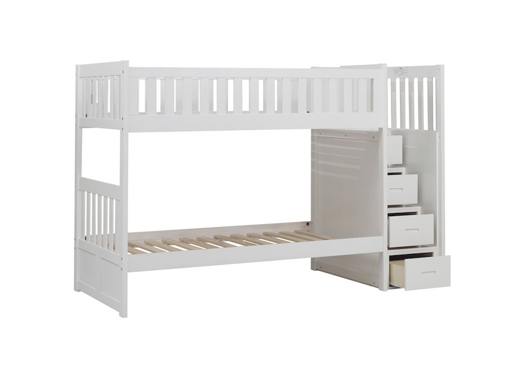 Kayla 2-bed children's bunk bed in solid teak wood with storage drawer ladder and white finish.