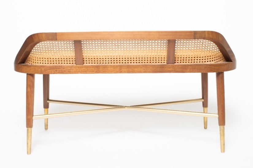 Frank modern indoor bench made of solid teak wood with a woven rattan back and soft velvet seat.