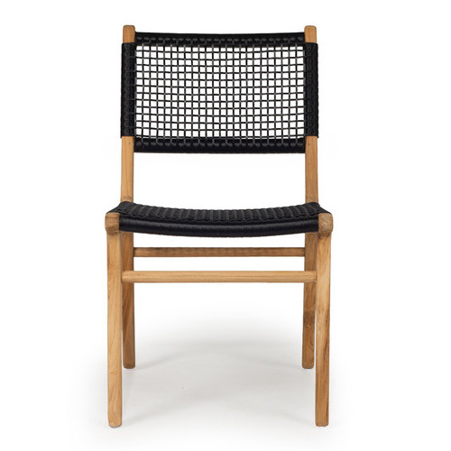 Zon garden dining chair with Teak Solid Wood material wicker black rope and natural finish for outdoor indoor dining use