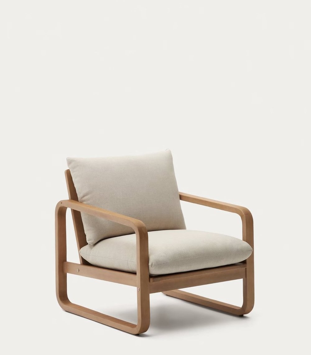 Donatello outdoor armchair made from solid teak wood frame and thick, waterproof cushion with a natural finish.