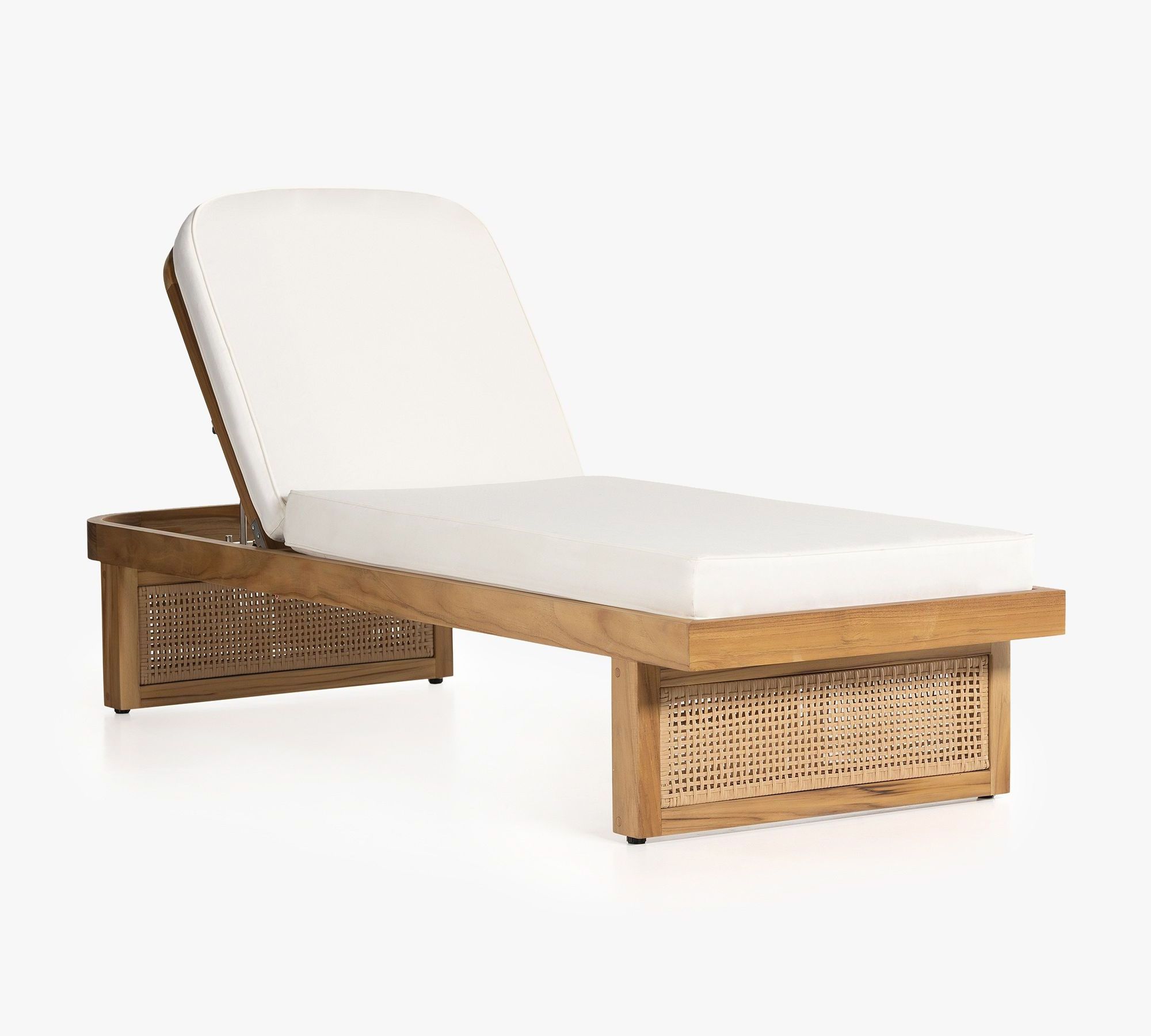 Varicha outdoor chaise chair made from solid teak wood frame and woven rattan legs with thick, water-repellent padding.