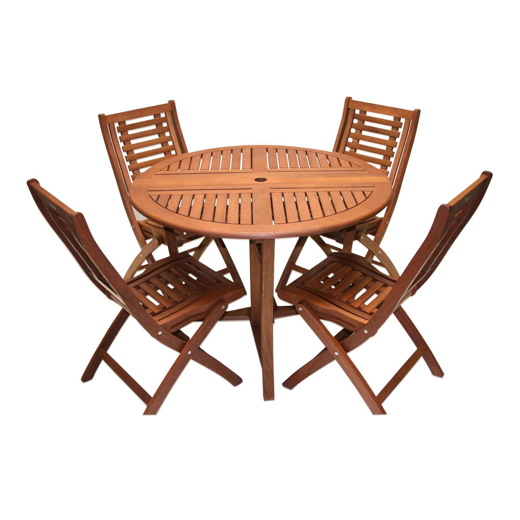 Jake set of round folding dining table and 4 chairs made of solid teak wood with a brown finish.