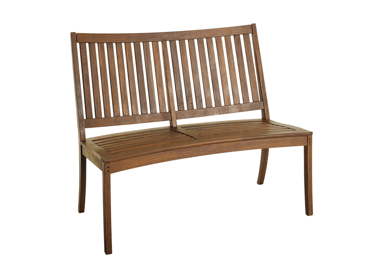 Richard set of curved garden benches in solid teak wood with a round table and walnut finish.