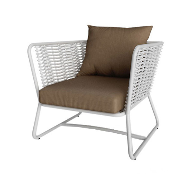 1 seater sofa made of aluminum frame and synthetic rattan woven on the back and seat with cushions for indoor and outdoor