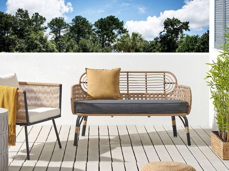 Lalisa outdoor aluminum and rattan wicker benches with thick cushions are suitable for gardens or terraces.