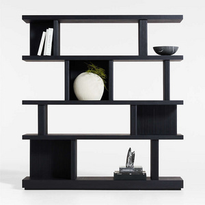 Shakira large bookcase made of solid teak wood with 4 shelves and charcoal black finish.