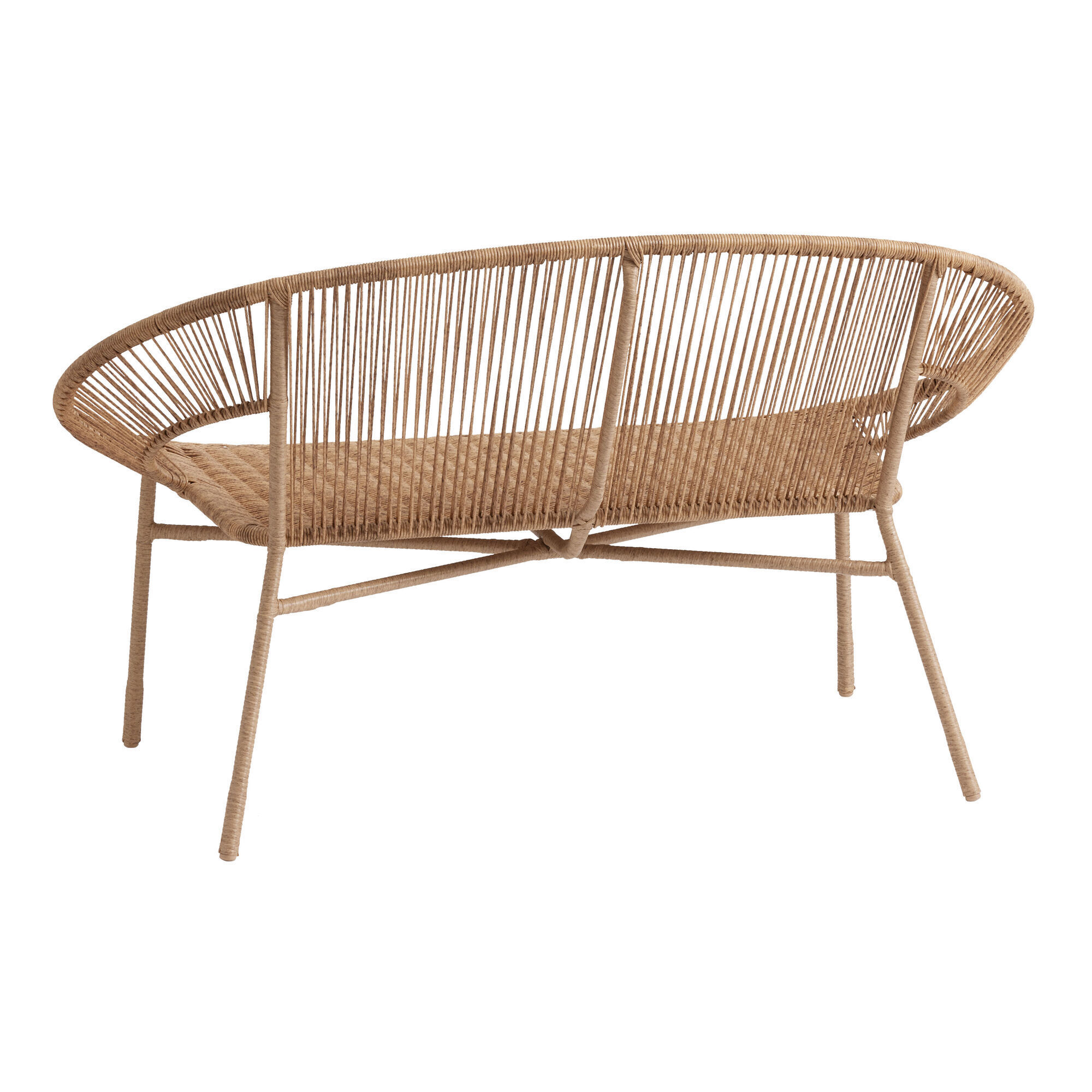 Sahira modern round outdoor bench made of aluminum frame and rattan wicker with natural finish.