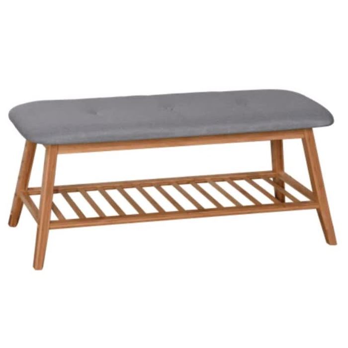 yerti Shoe rack bench made of solid teak wood with a seat wrapped in foam and upholstery for indoor and outdoor