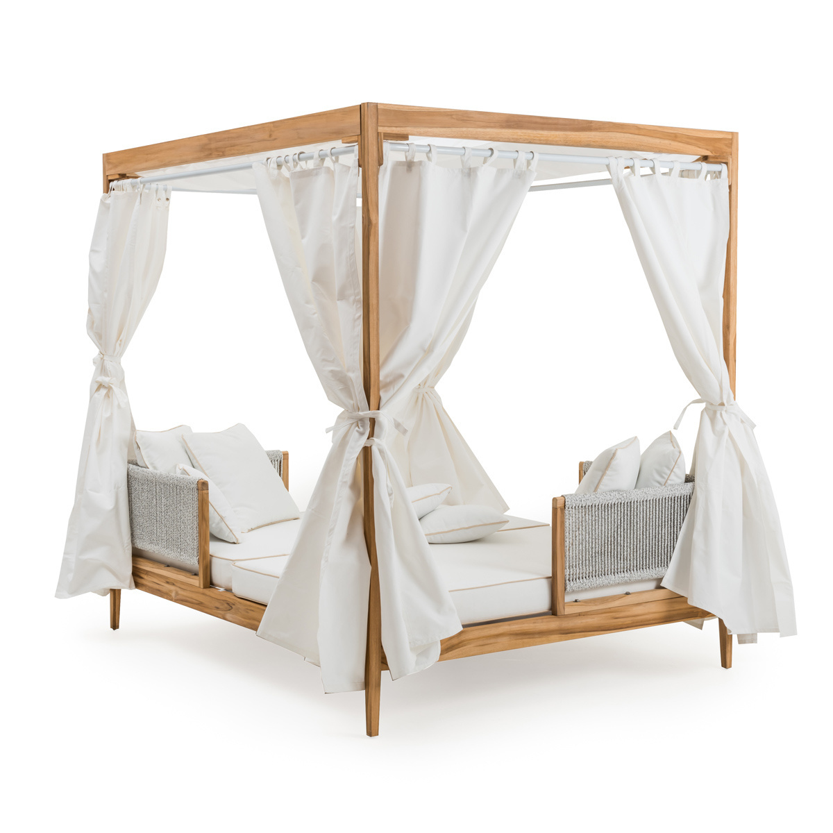 high quality Zayan Outdoor Daybed with teak solid wood material woven rope white chusion and canopy