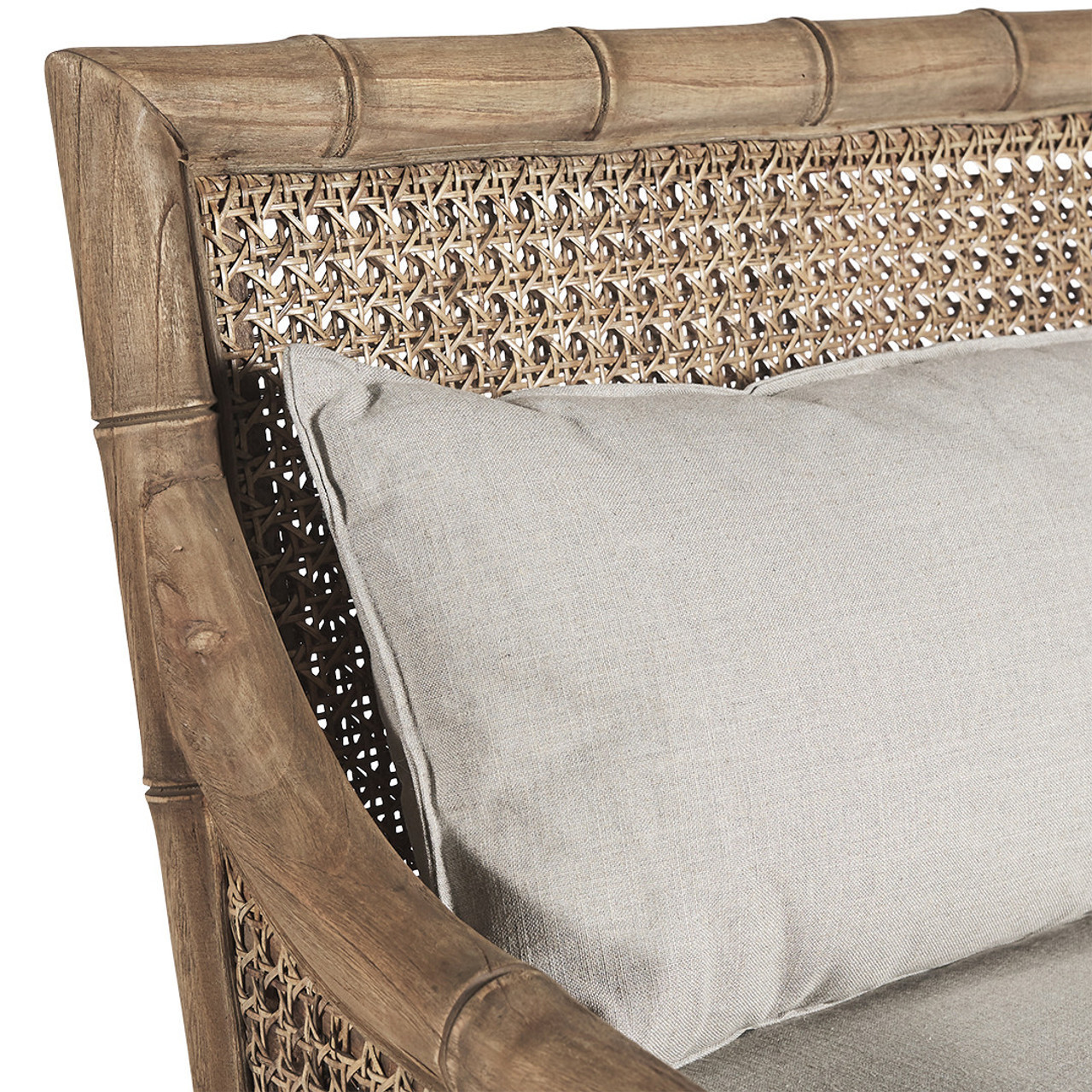 Tamara lounge chairs made of bamboo and woven rattan with natural cushions and finishes.