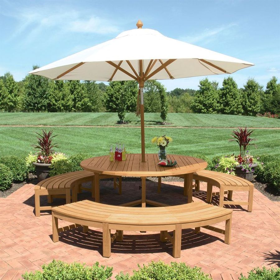 Barbara  round teak wood picnic table set with natural finish for outdoor