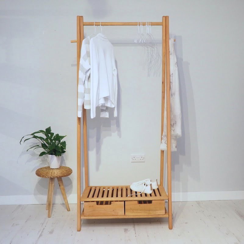 Alcott Hanging clothes rack, removable storage drawer that slides in and out w/ natural finish