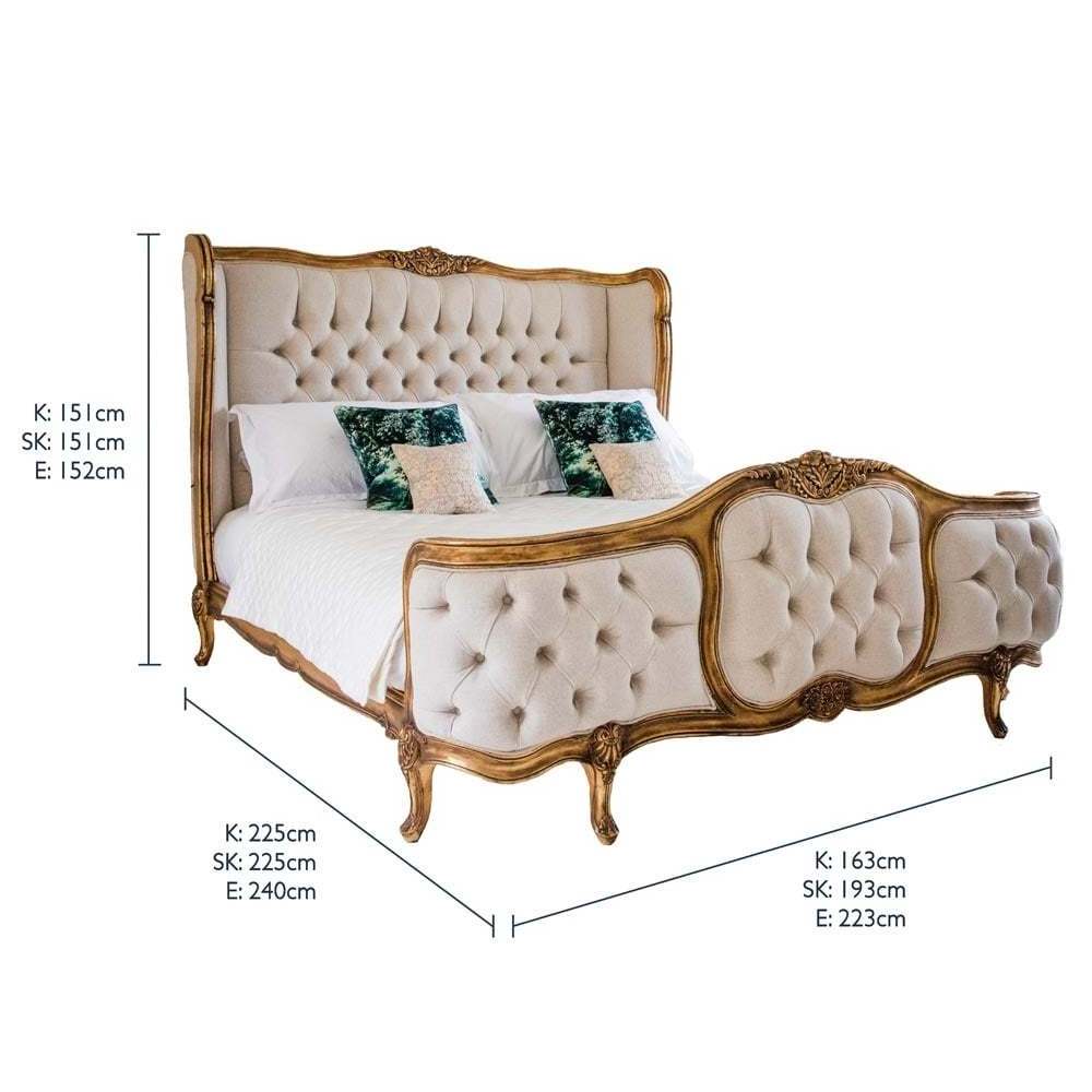 Palais de Versailles Linen Upholstered Bed Handmade and Hand-Carved French Style Bed with Gold Frame and Linen Upholstery