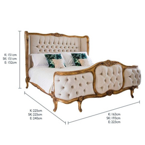 Palais de Versailles Linen Upholstered Bed Handmade and Hand-Carved French Style Bed with Gold Frame and Linen Upholstery