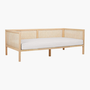 solid wooden daybed with wicker rattan and solid teak wood natural finish cushions for indoor