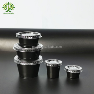 PTPACK 0.5oz 0.75oz 2oz Disposable Black Plastic Take Away Soy Sauces Cups Container with lid Mini Cup