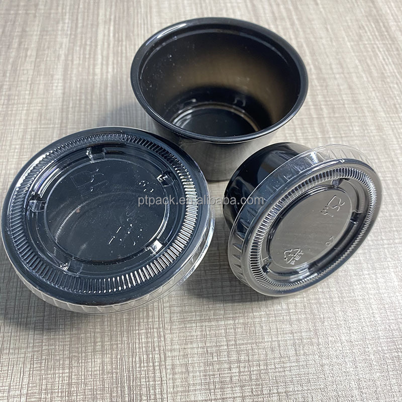 PTPACK 0.5oz 0.75oz 2oz Disposable Black Plastic Take Away Soy Sauces Cups Container with lid Mini Cup