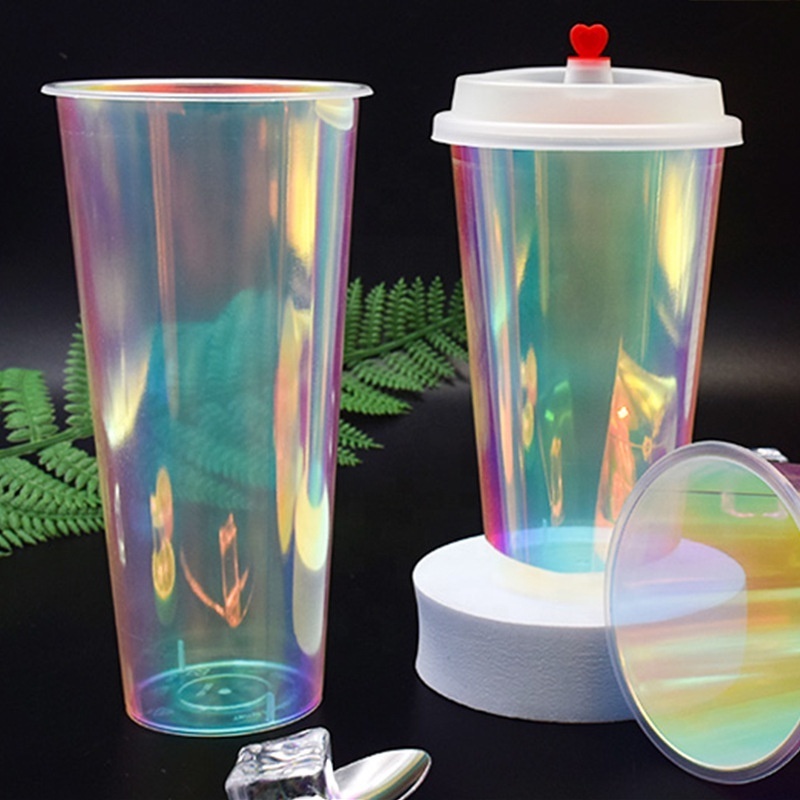 PTPACK Wholesale U Shape 16 Oz Bubble Tea Cup Customized Logo Reusable Rainbow Intramembrane Can Shaped Plastic Cup