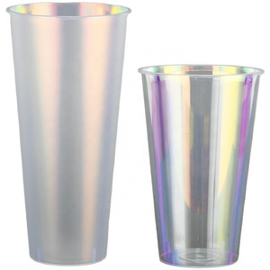 PTPACK Wholesale U Shape 16 Oz Bubble Tea Cup Customized Logo Reusable Rainbow Intramembrane Can Shaped Plastic Cup