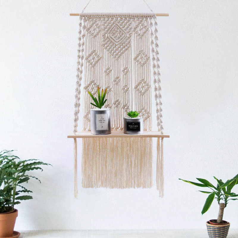 Macrame Wall Hanging Plant Decor Shelf  Floating Wood shelve Decorative Boho wall decor macrame hangers