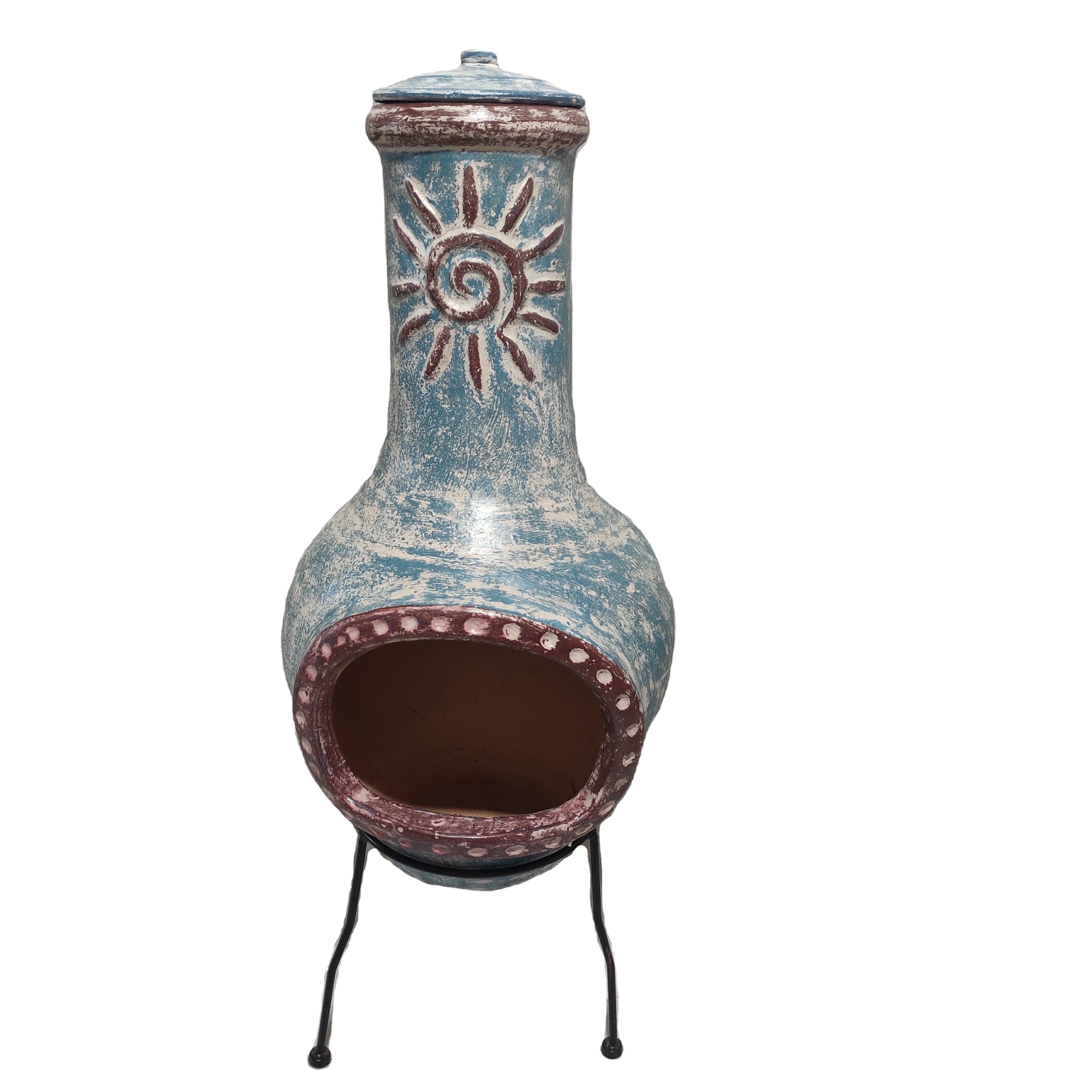 Outdoor Swirl Clay Chimenea - Patio Heater - Handmade - Traditional - Log Burner - Sea Blue & Red BBQ grill garden c