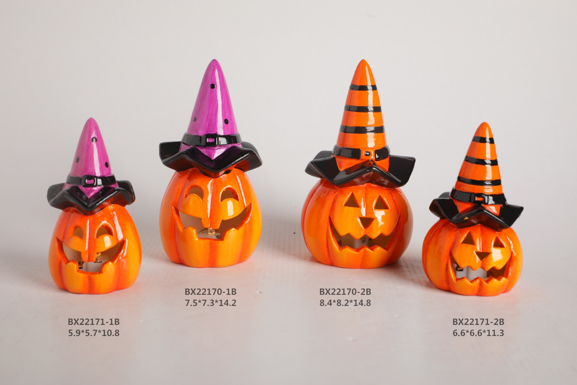 Halloween Mini Ceramic LED Pumpkin with Wizard Hat - Decorative Craft Candle Holder ornaments  glow-in-the-dark holiday gifts