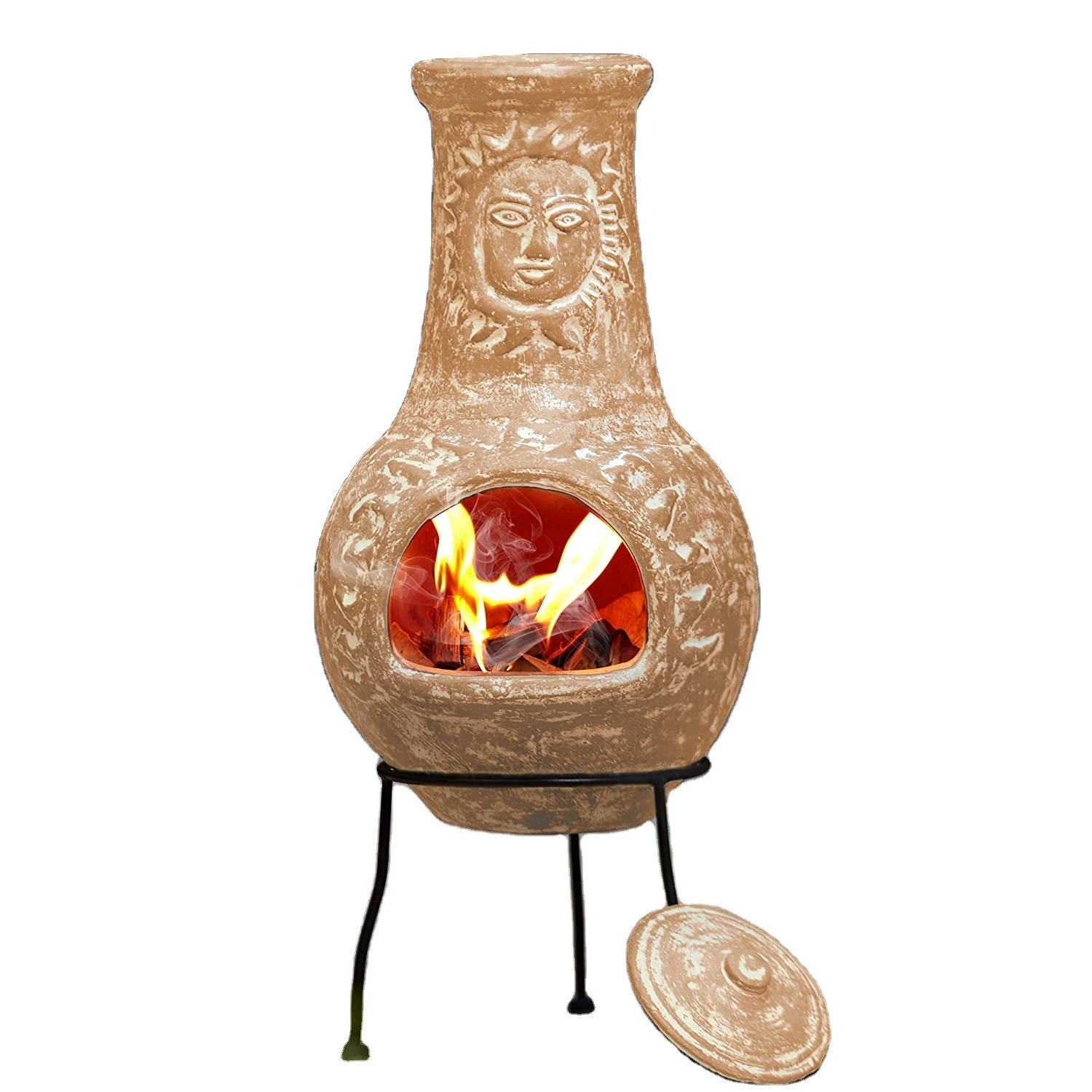 Newpower terracotta chimeneas clay chimney   Outdoor Wood Burning Small Clay Chiminea fire pit with Metal Stand and lid